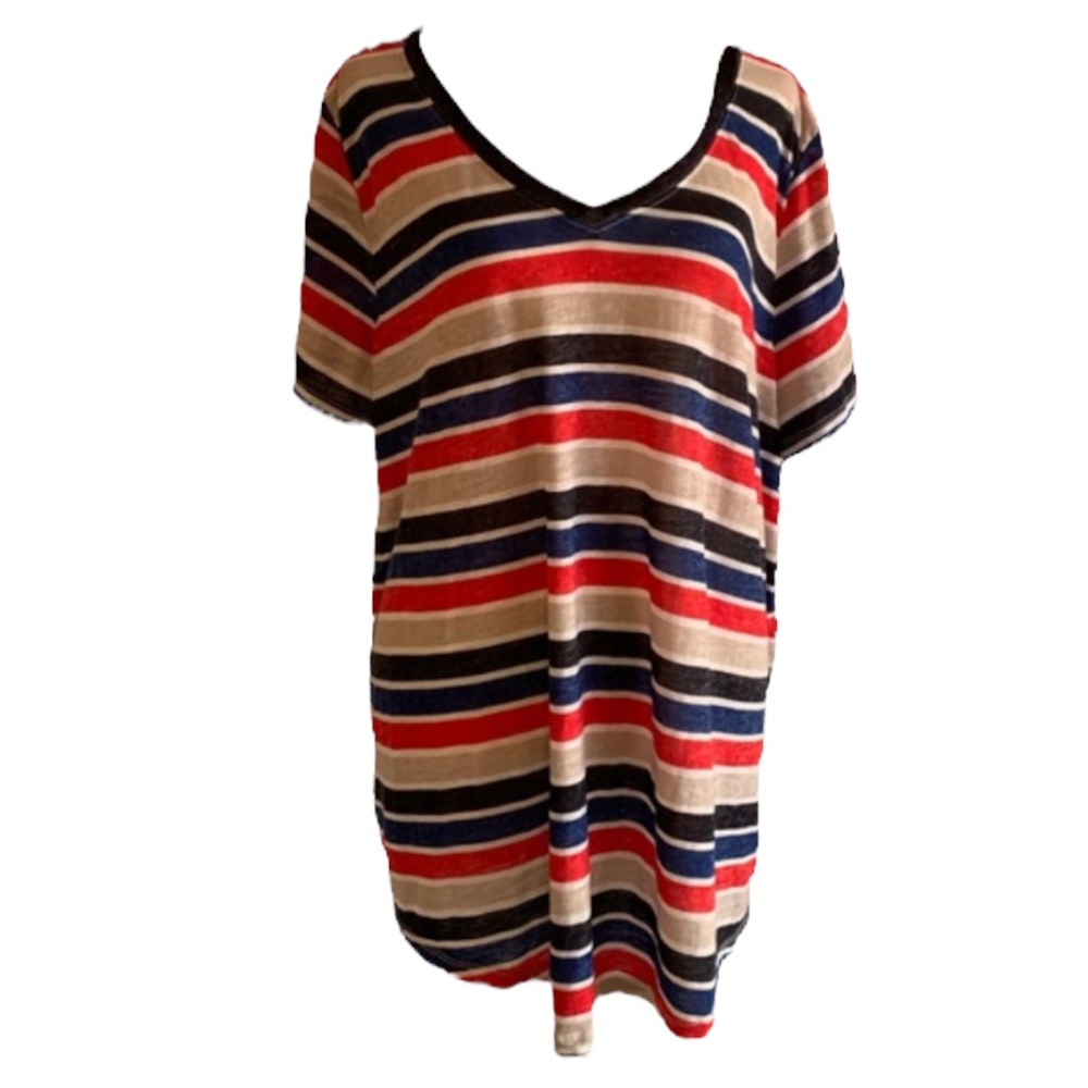 Torrid Striped V-neck T-shirt Red Black Blue 2 (18/20, 2X) Short Sleeve Casual